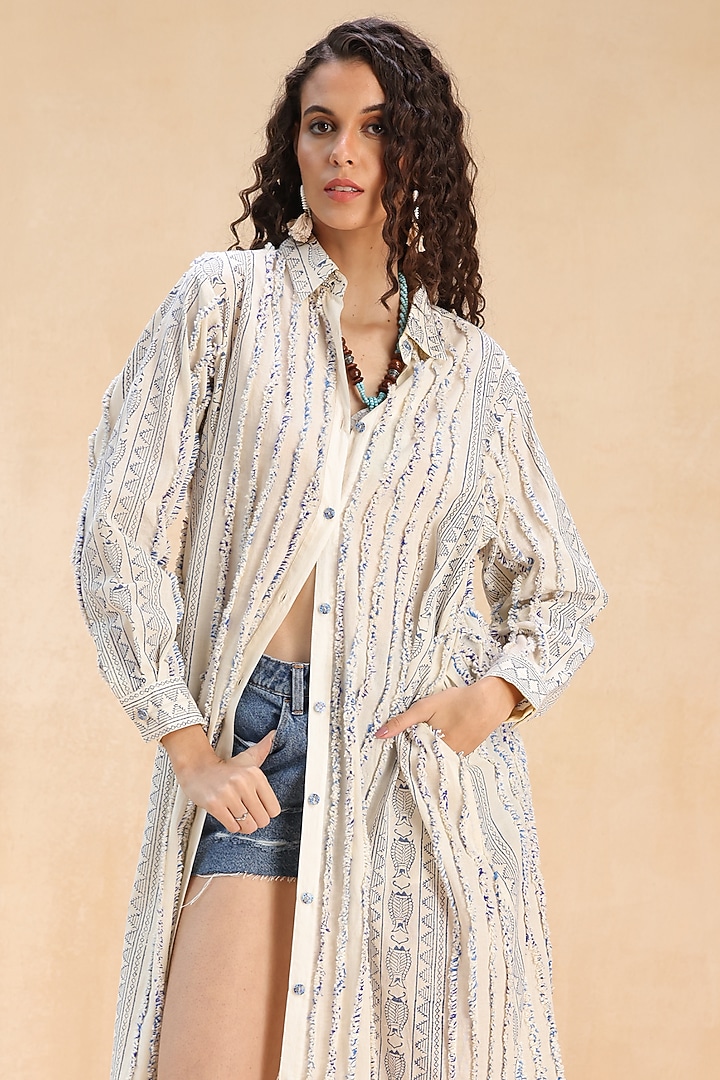 Ecru Cotton Fringe Embroidered Long Shirt by Payal Jain Pret at Pernia's Pop Up Shop