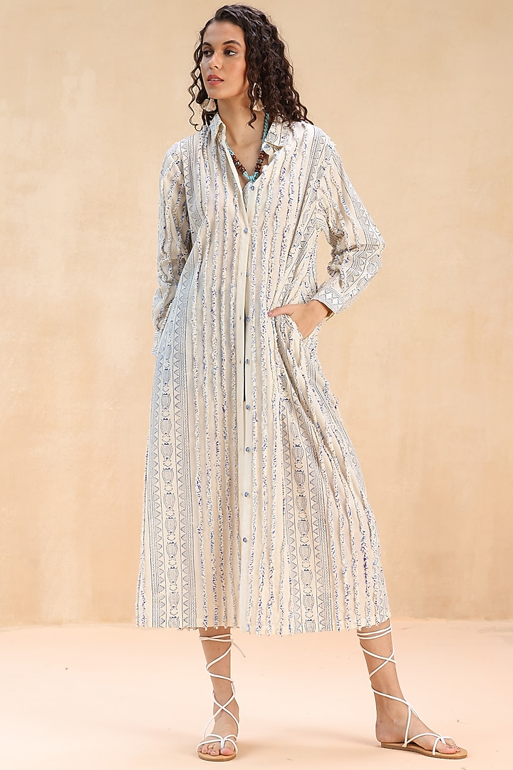 Ecru Cotton Fringe Embroidered Long Shirt by Payal Jain Pret at Pernia's Pop Up Shop