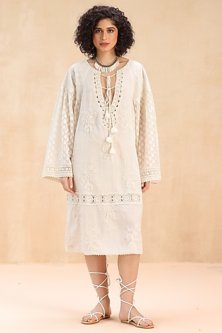 Ivory Cotton 3D Thread Embroidered Tunic Dress by Payal Jain Pret