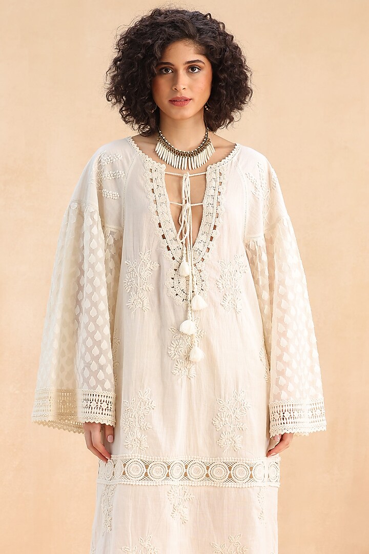 Ivory Cotton 3D Thread Embroidered Tunic Vacation Dress by Payal Jain Pret at Pernia's Pop Up Shop