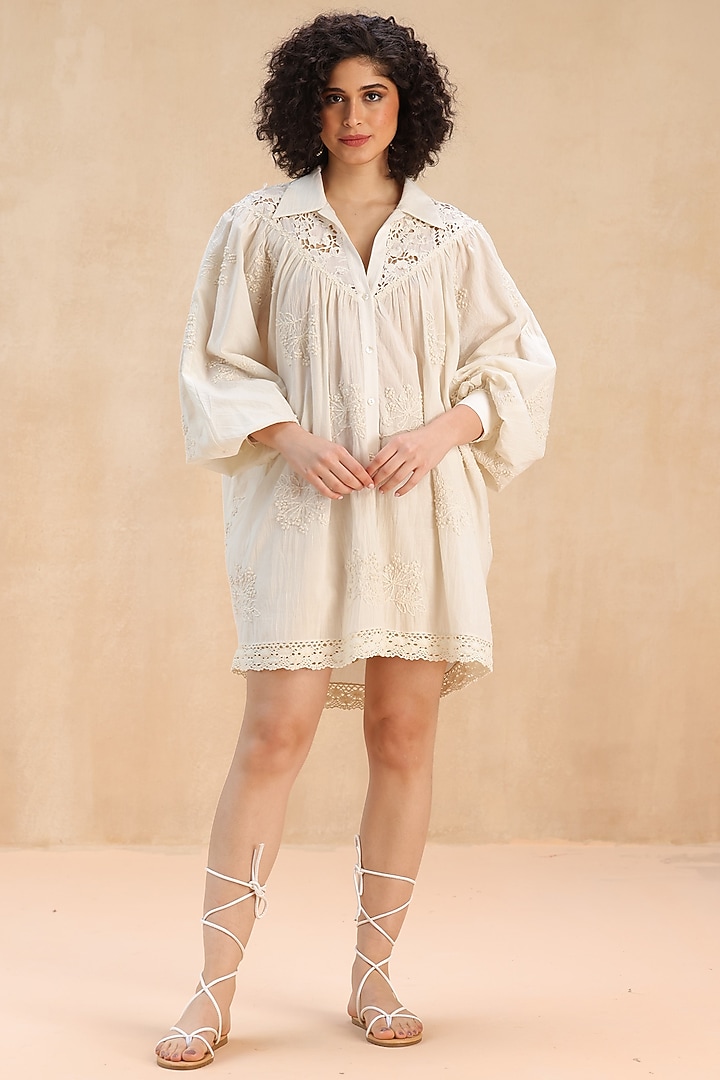 Ivory Cotton 3D Thread Embroidered Shirt Vacation Dress by Payal Jain Pret at Pernia's Pop Up Shop