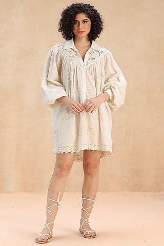 Ivory Cotton 3D Thread Embroidered Shirt Dress by Payal Jain Pret