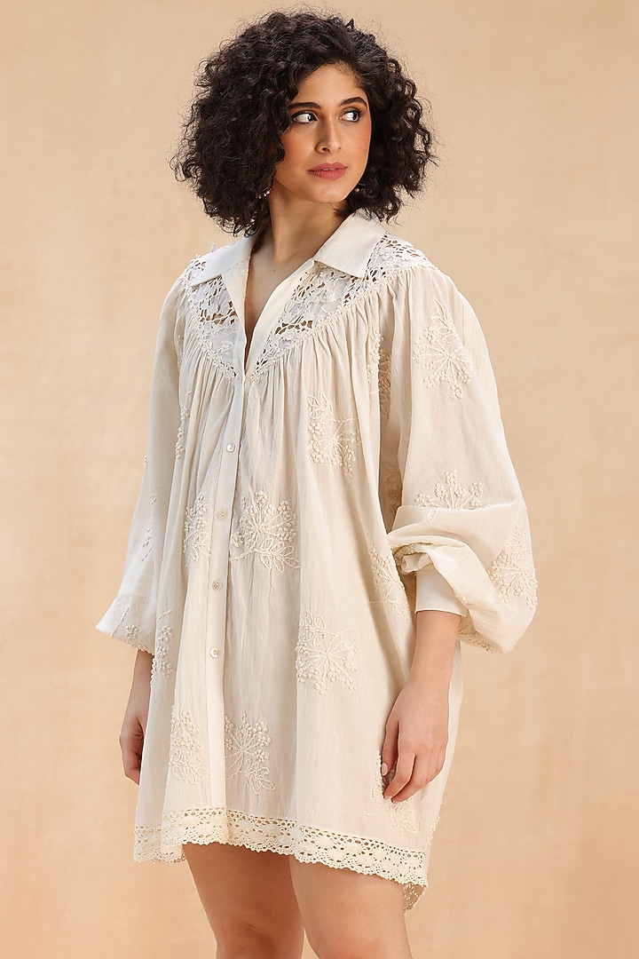 Ivory Cotton 3D Thread Embroidered Shirt Vacation Dress by Payal Jain Pret at Pernia's Pop Up Shop