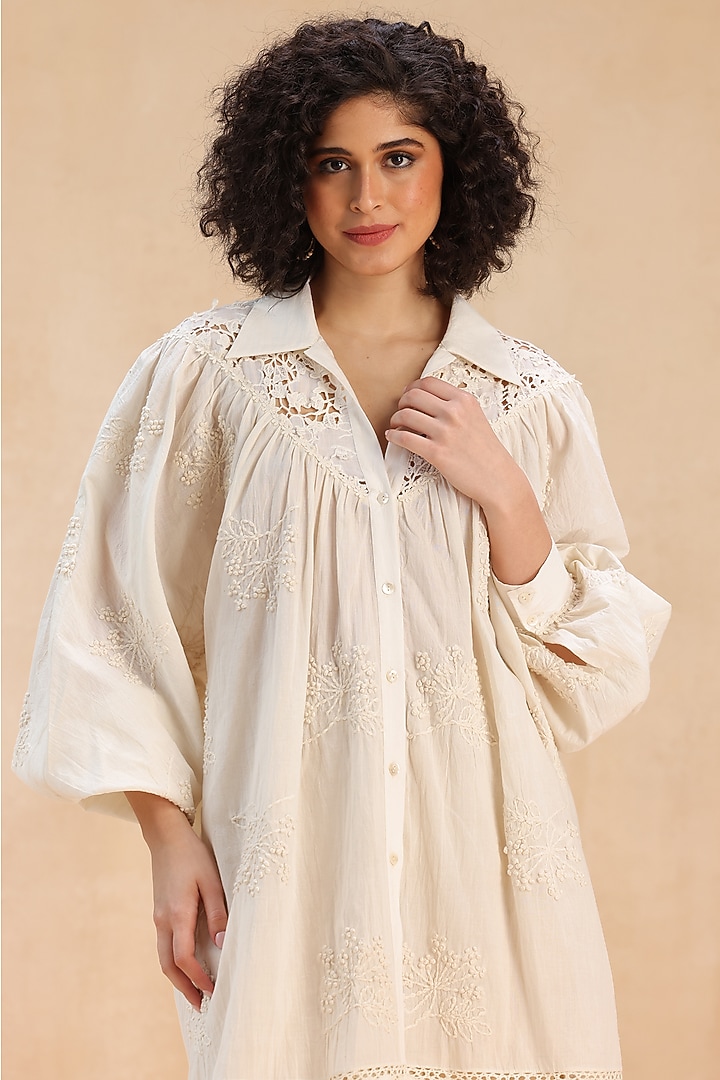 Ivory Cotton 3D Thread Embroidered Shirt Vacation Dress by Payal Jain Pret at Pernia's Pop Up Shop
