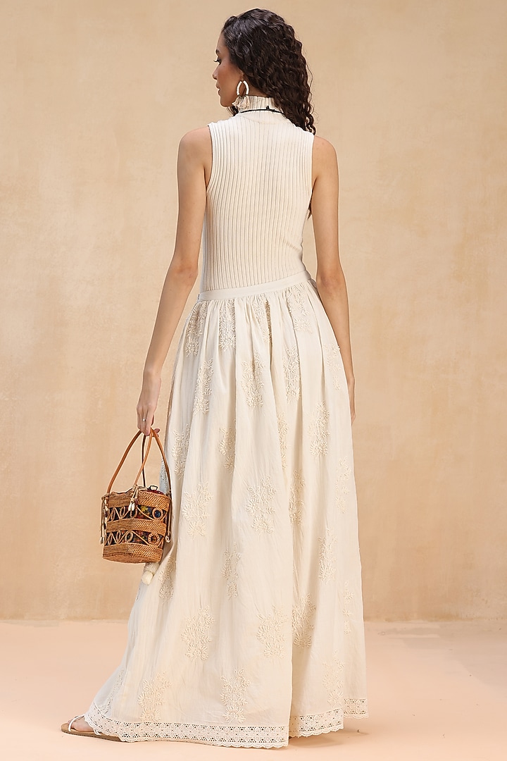 Ivory Cotton 3D Floral Embroidered Maxi Skirt by Payal Jain Pret at Pernia's Pop Up Shop