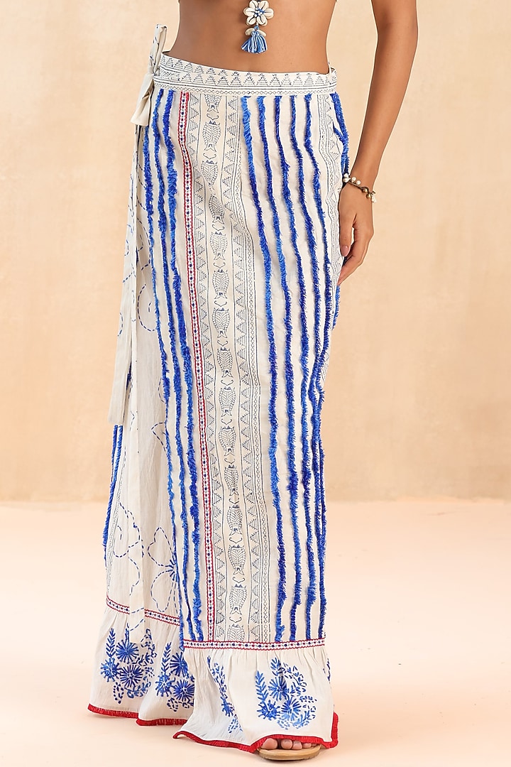 Ecru Cotton Fringe Embroidered Wrap-Around Sarong Skirt by Payal Jain Pret at Pernia's Pop Up Shop