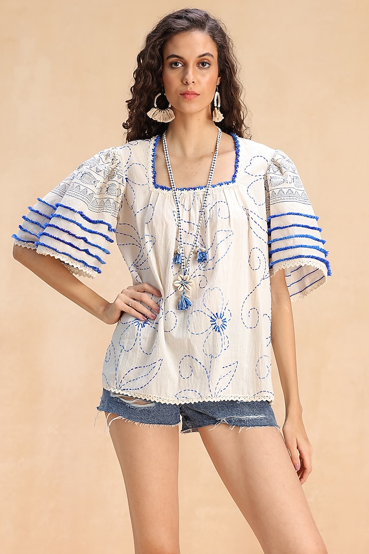 Ecru Cotton Floral Thread Embroidered Top by Payal Jain Pret at Pernia's Pop Up Shop