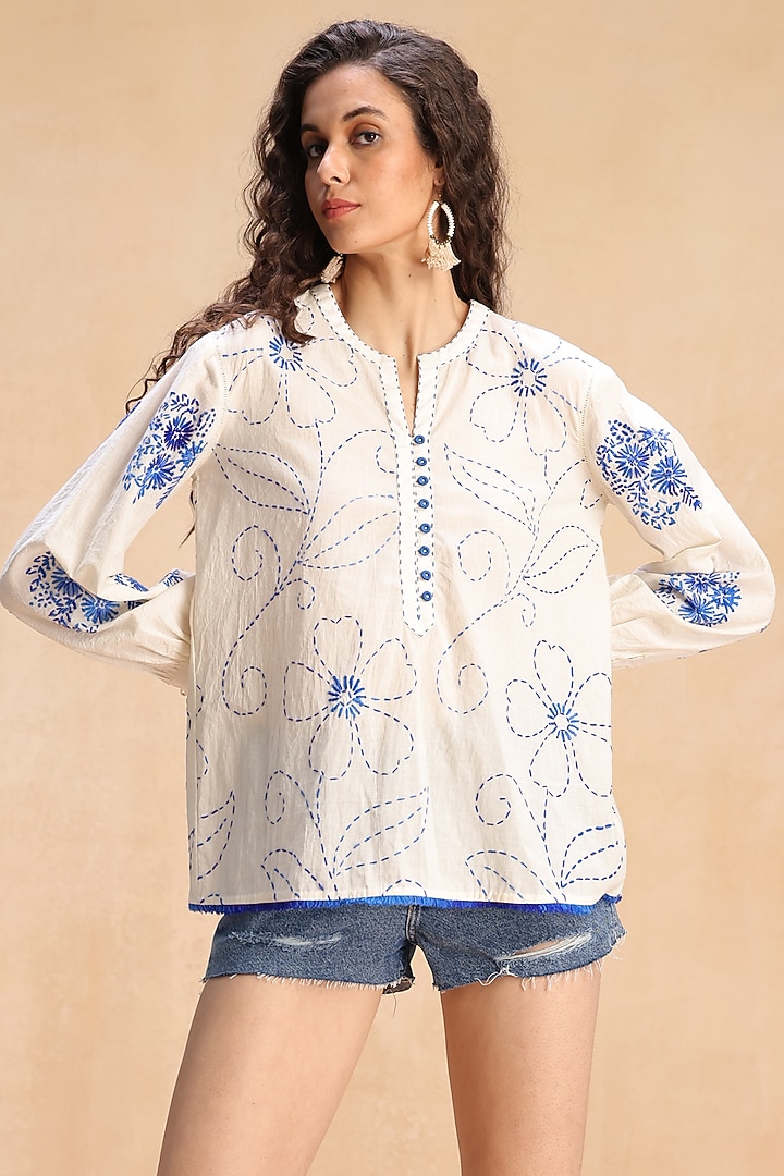 Ecru Cotton Floral Thread Embroidered Top by Payal Jain Pret at Pernia's Pop Up Shop