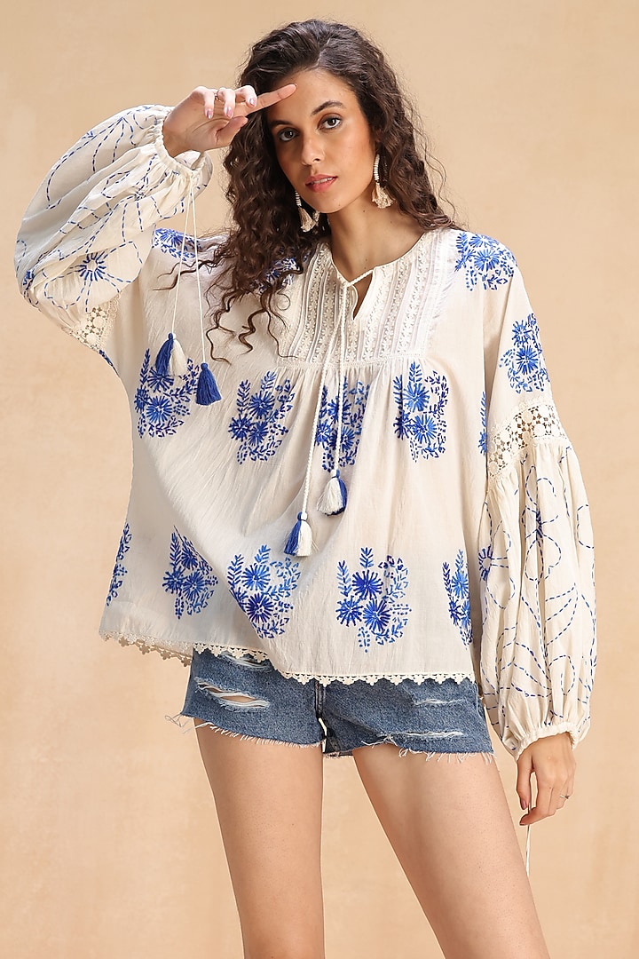 Ecru Cotton Floral Thread Embroidered Top by Payal Jain Pret at Pernia's Pop Up Shop