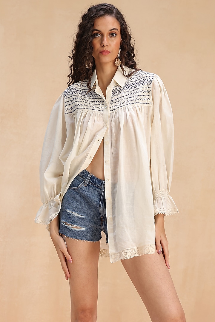 Ivory Cotton Embroidered Button-Down Shirt by Payal Jain Pret at Pernia's Pop Up Shop