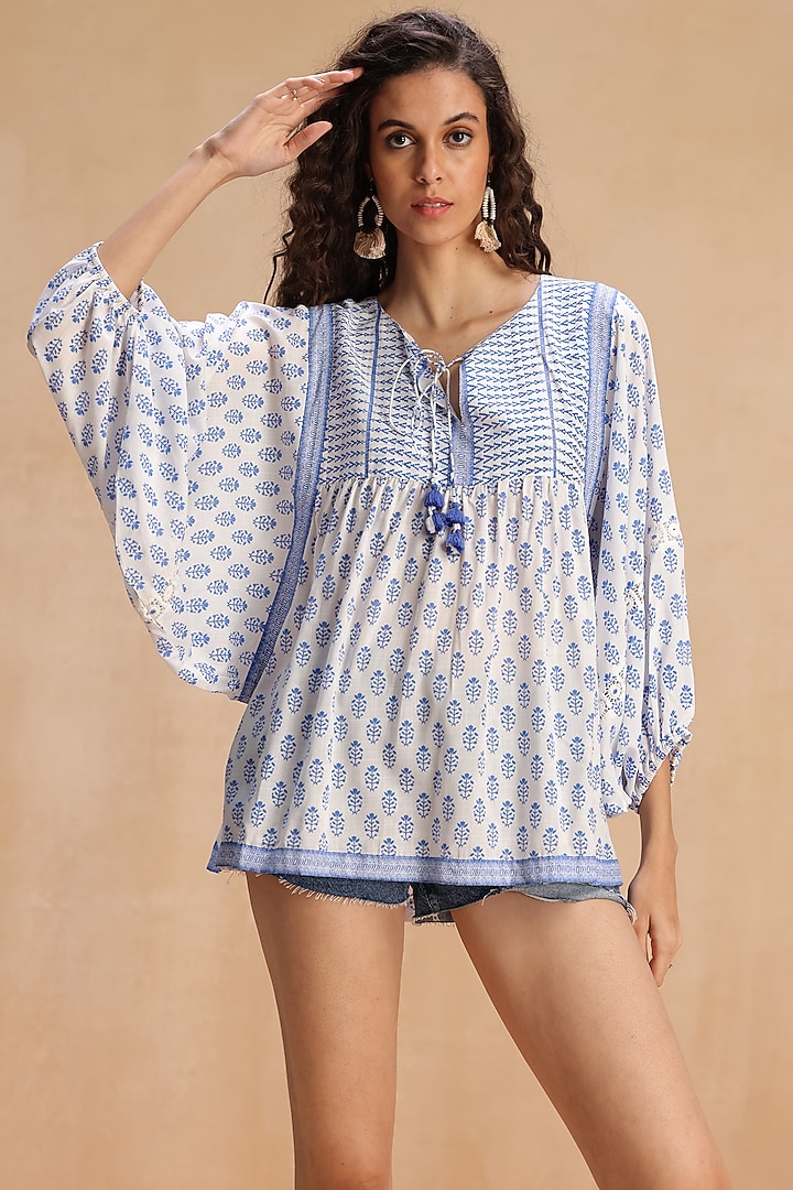 Sea Blue & White Cotton Boota Printed Top by Payal Jain Pret at Pernia's Pop Up Shop