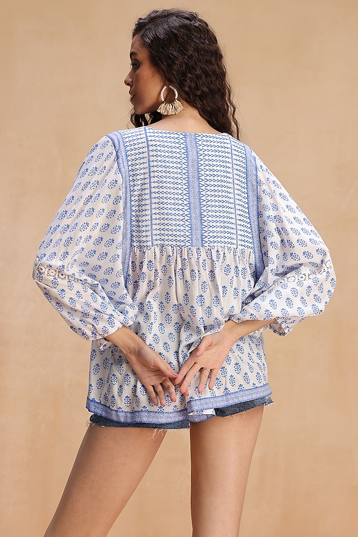 Sea Blue & White Cotton Boota Printed Top by Payal Jain Pret at Pernia's Pop Up Shop