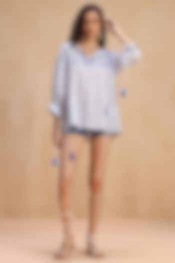 Sea Blue & White Cotton Boota Printed Top by Payal Jain Pret at Pernia's Pop Up Shop