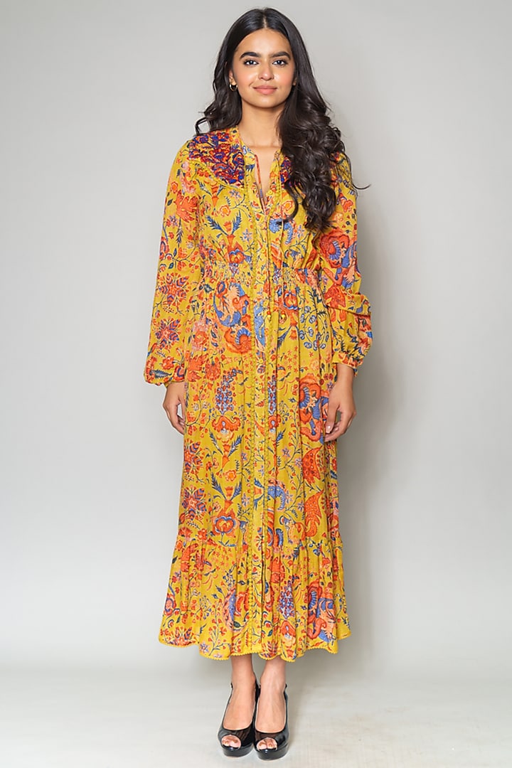 Yellow Printed Maxi Dress by Payal Jain