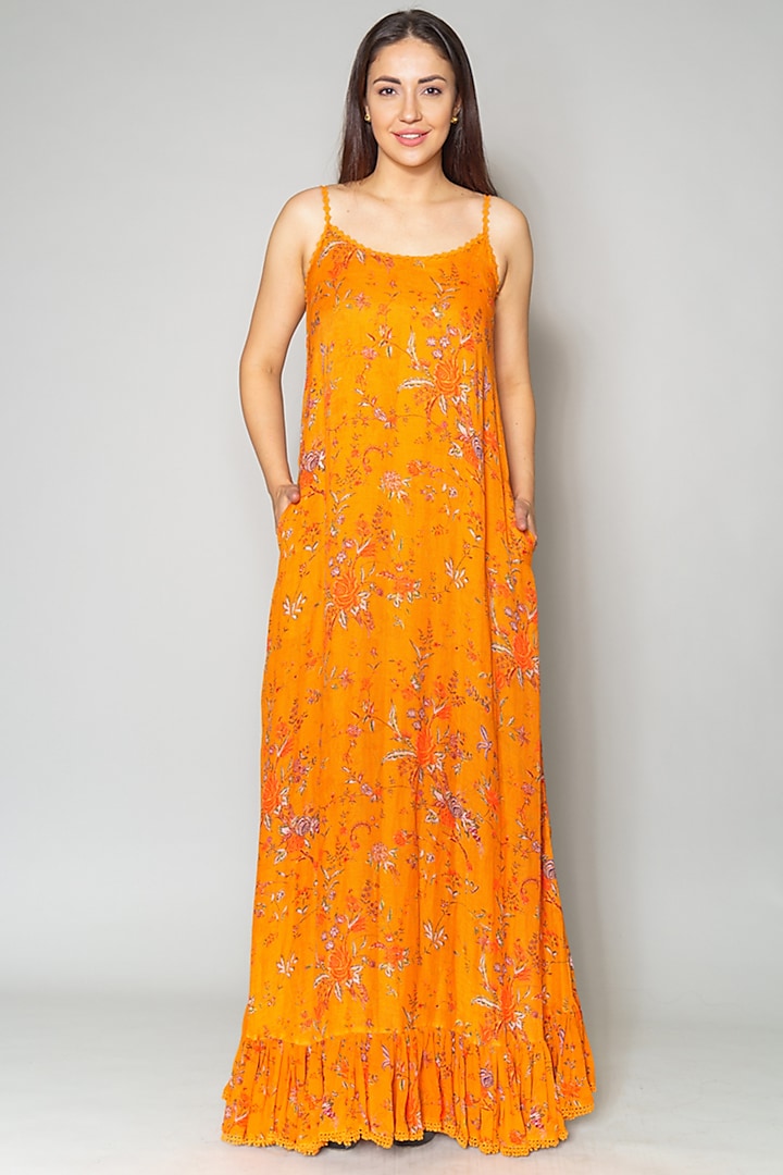 Orange Printed Ruffled Slip Dress by Payal Jain