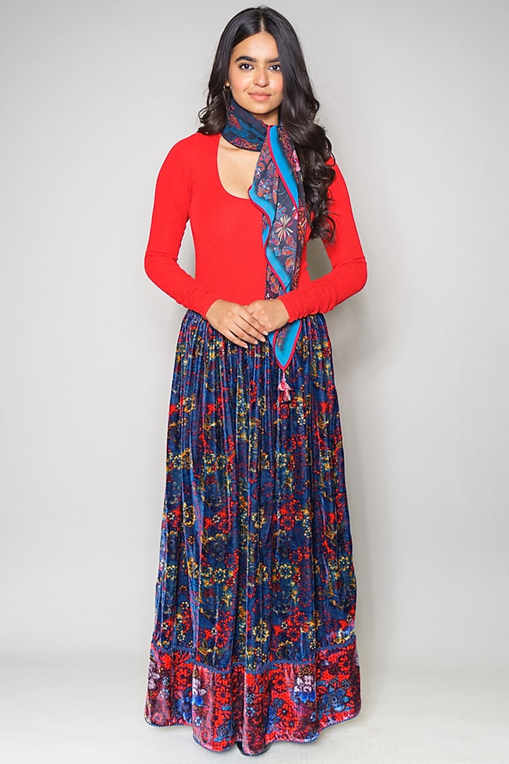 Cobalt Blue Printed Ruffled Maxi Skirt by Payal Jain at Pernia's Pop Up Shop