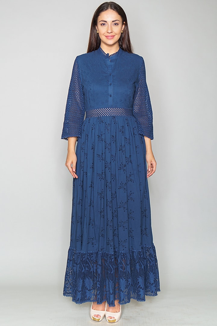 Cobalt Blue Embroidered Maxi Dress by Payal Jain