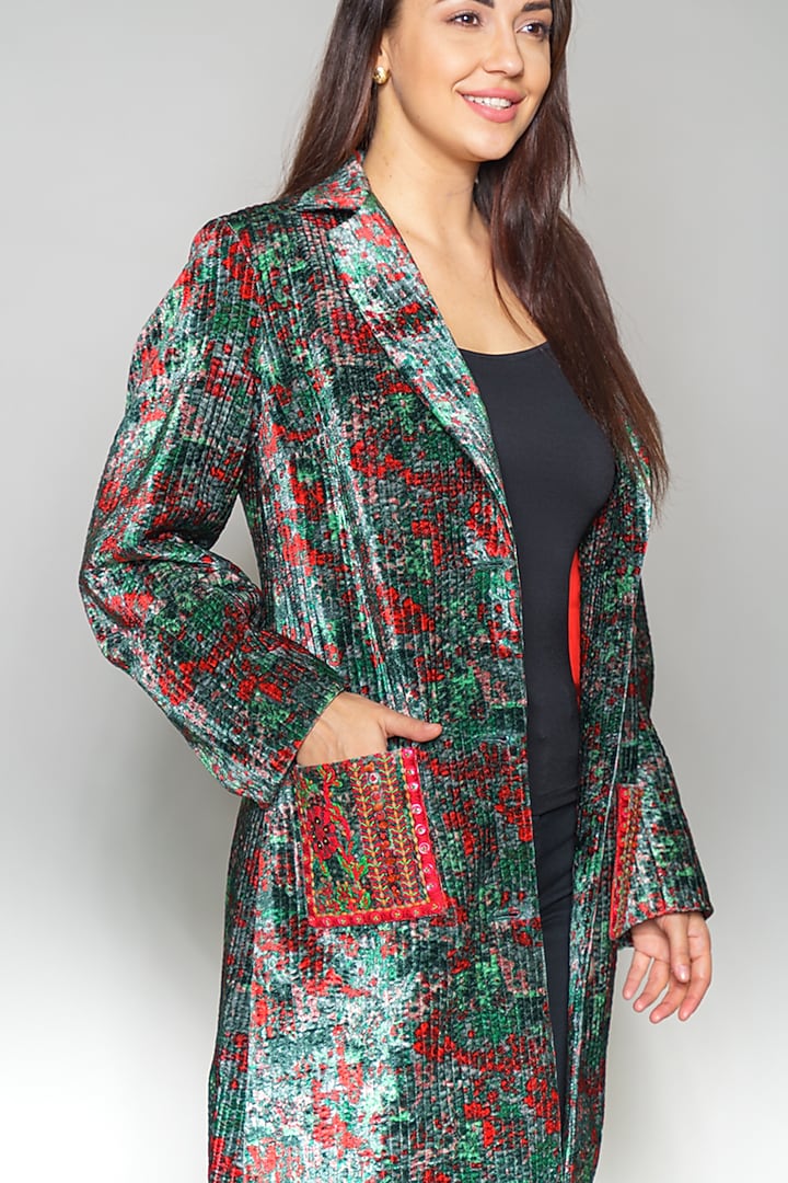 Green Embroidered Printed Jacket by Payal Jain at Pernia's Pop Up Shop