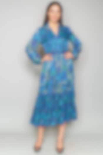 Turquoise Printed Ruffled Dress by Payal Jain