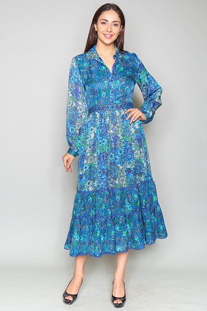 Turquoise Printed Ruffled Vacation Dress by Payal Jain at Pernia's Pop Up Shop