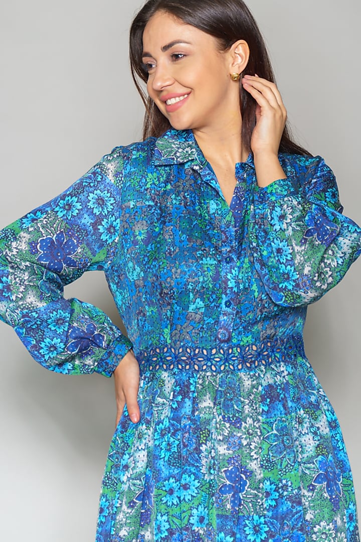 Turquoise Printed Ruffled Vacation Dress by Payal Jain at Pernia's Pop Up Shop