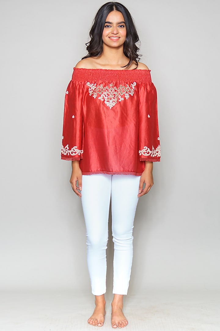 Red Embroidered Off Shoulder Top by Payal Jain