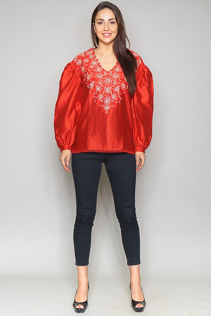 Red Embroidered Top by Payal Jain