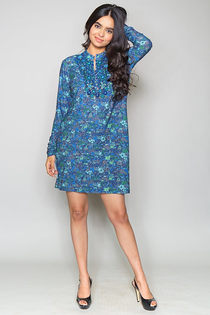 Turquoise Embroidered Printed Tunic by Payal Jain