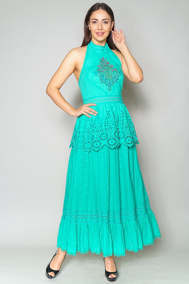 Sea Green Embroidered Ruffled Dress by Payal Jain