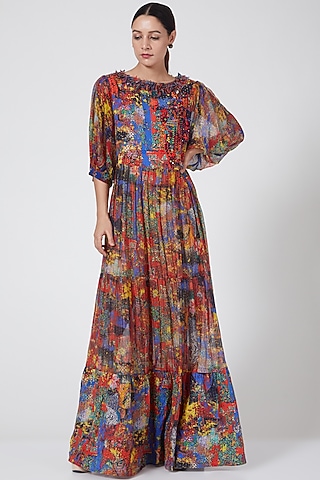 Multi Colored Embroidered Peasant Dress by Payal Jain