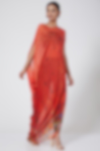 Red Printed Asymmetrical Draped Dress by Payal Jain