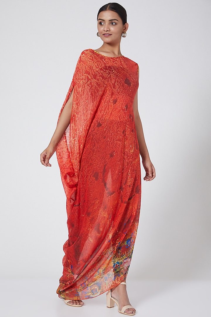 Red Printed Asymmetrical Draped Dress by Payal Jain