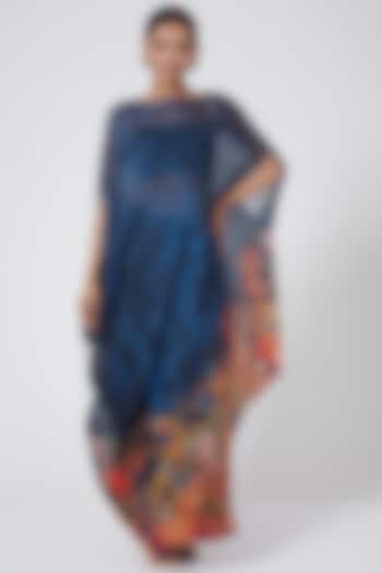 Blue Printed Asymmetrical Draped Dress by Payal Jain