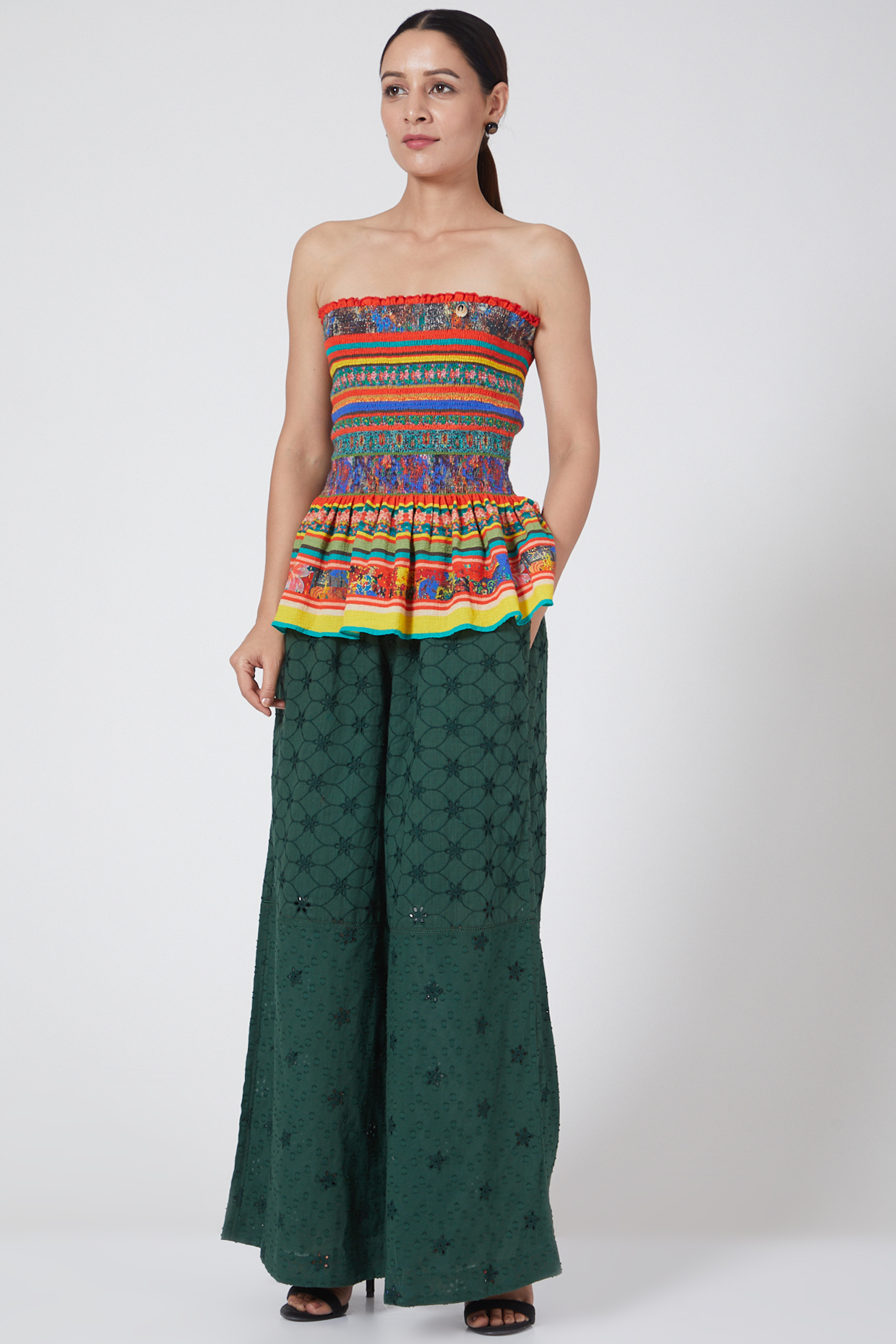 Green Printed Paper Bag Pants by Payal Jain