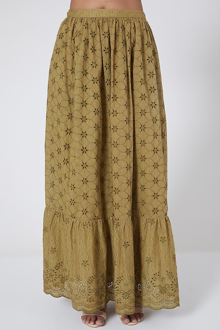 Khaki Tiered Maxi Skirt by Payal Jain at Pernia's Pop Up Shop