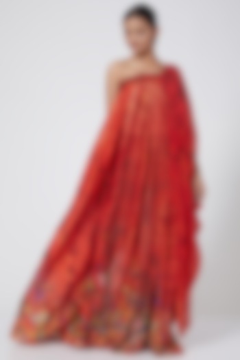 Red Embroidered Draped Bustier Dress by Payal Jain
