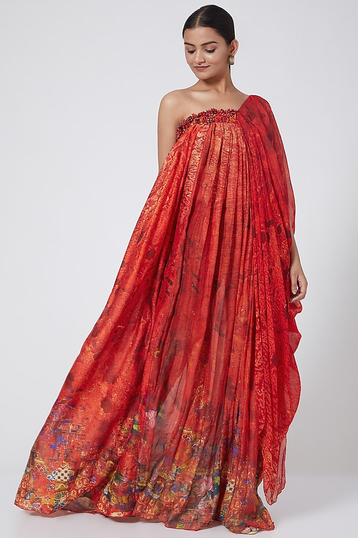 Red Embroidered Draped Bustier Vacation Dress by Payal Jain at Pernia's Pop Up Shop