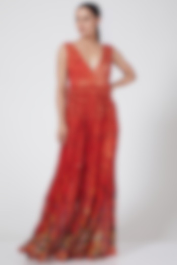 Red Pleated Cutaway Dress by Payal Jain
