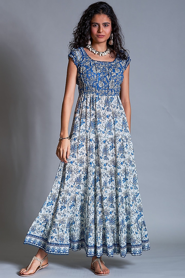 Off White Printed Peasant Tiered Dress Design by Payal Jain at Pernia's ...