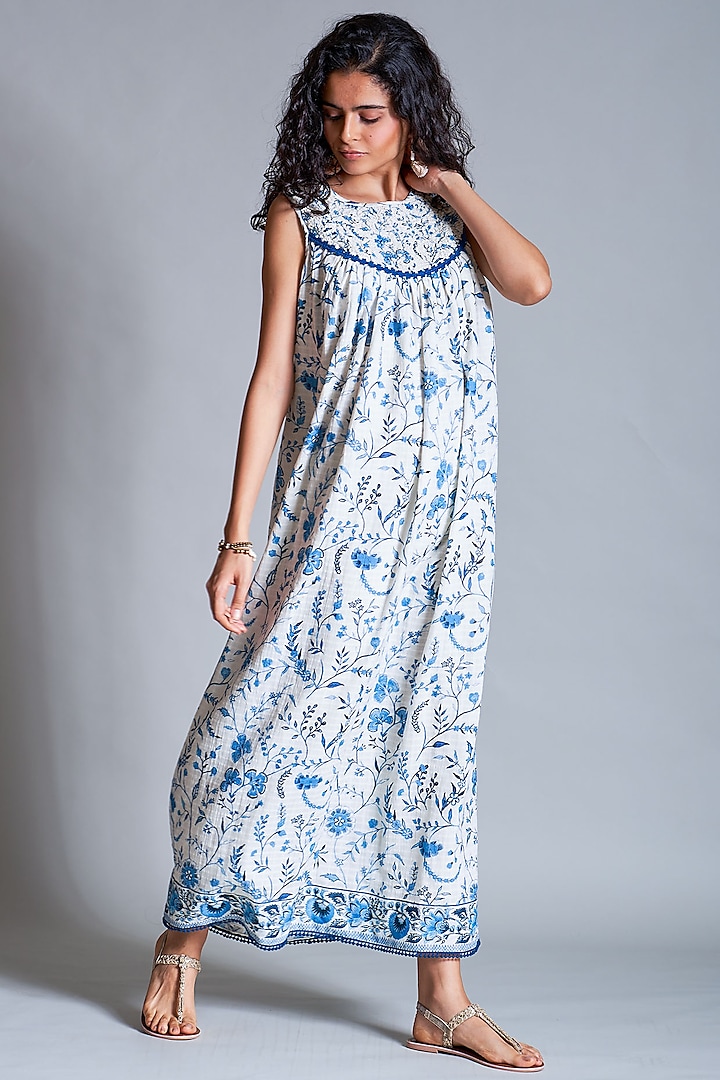 Blue & Off White Trapeze Dress by Payal Jain