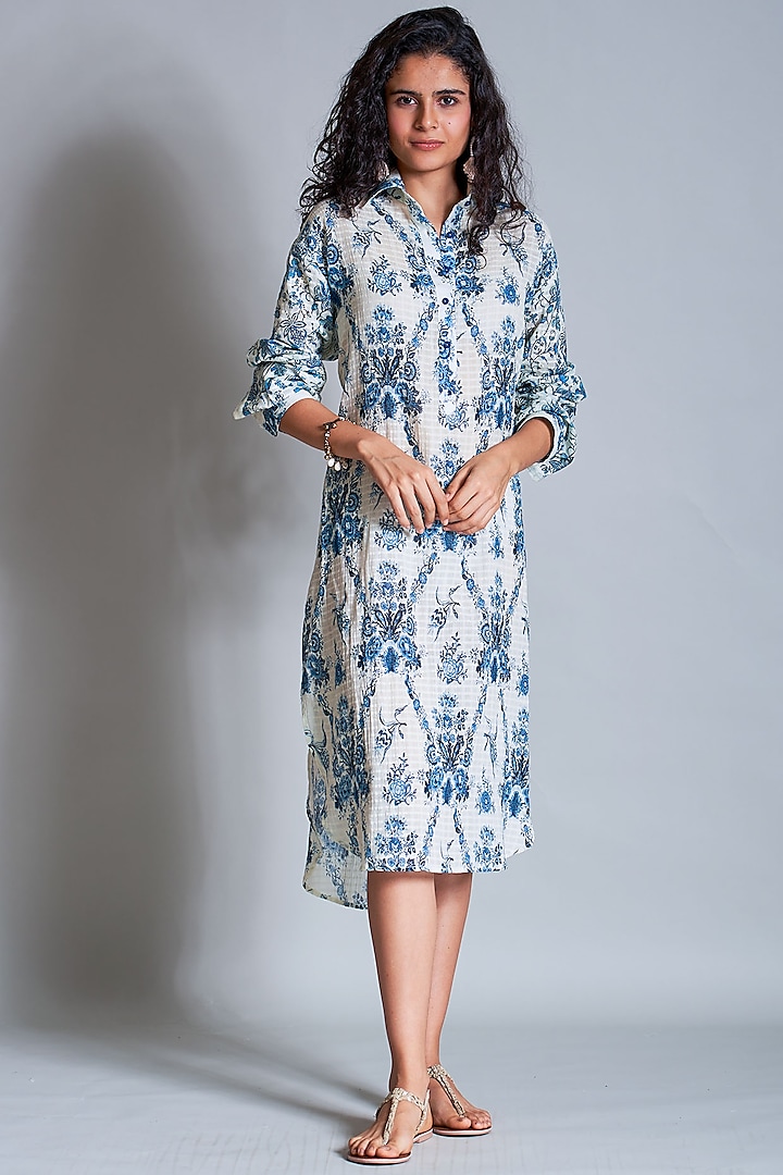 Off White Printed Dress With Shirt Collar by Payal Jain