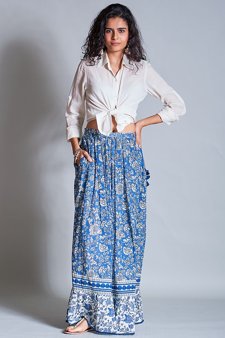 Blue Printed Ruffled Skirt by Payal Jain