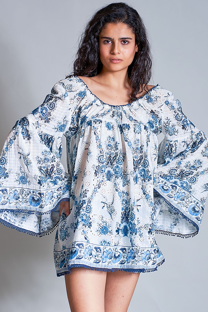 Off White Peasant Blouse With Print by Payal Jain