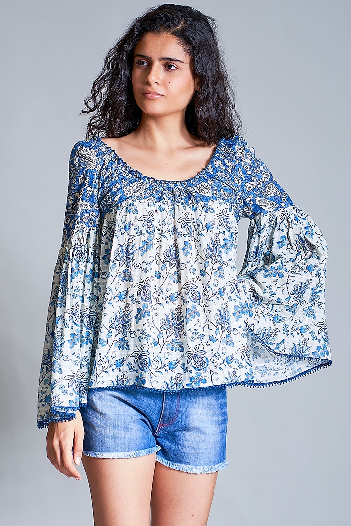 Off White Printed Peasant Blouse by Payal Jain