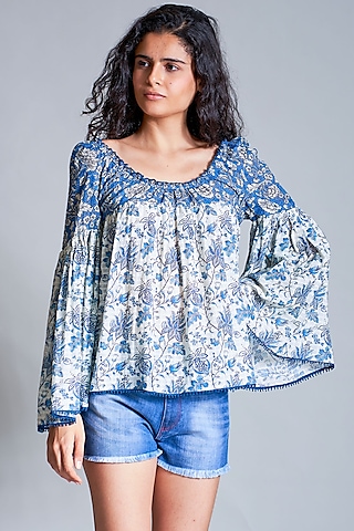 Off White Printed Peasant Blouse by Payal Jain