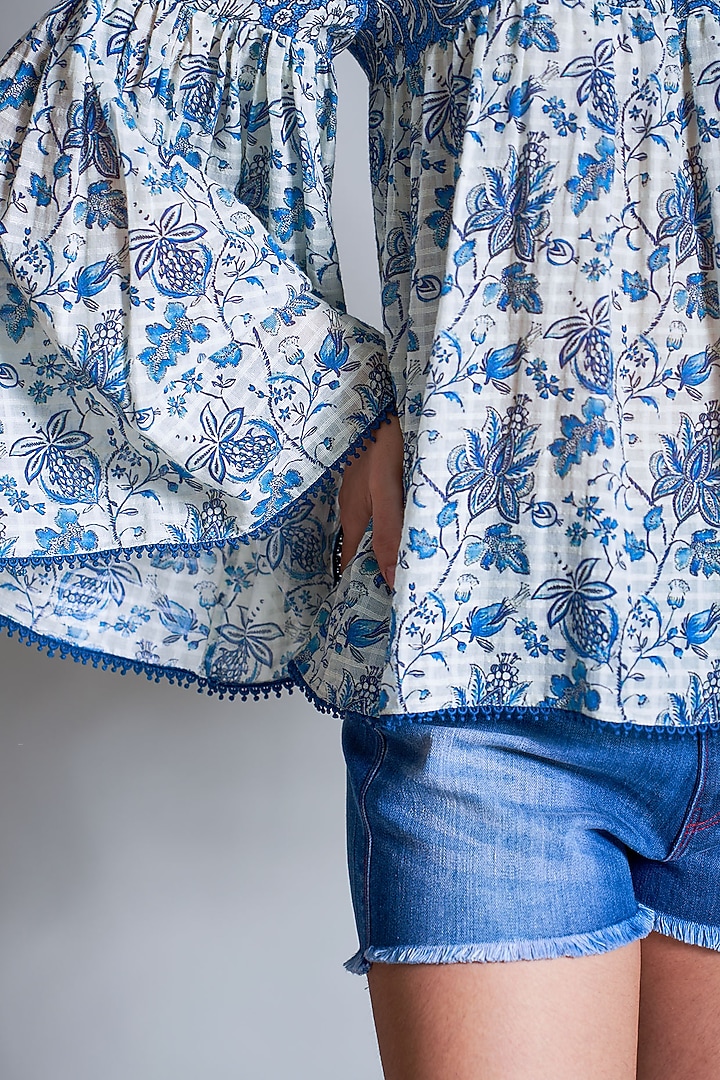 Off White Printed Peasant Blouse by Payal Jain at Pernia's Pop Up Shop