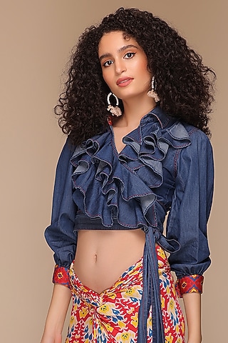 Blue Denim Tie-Up Blouse by Payal Jain