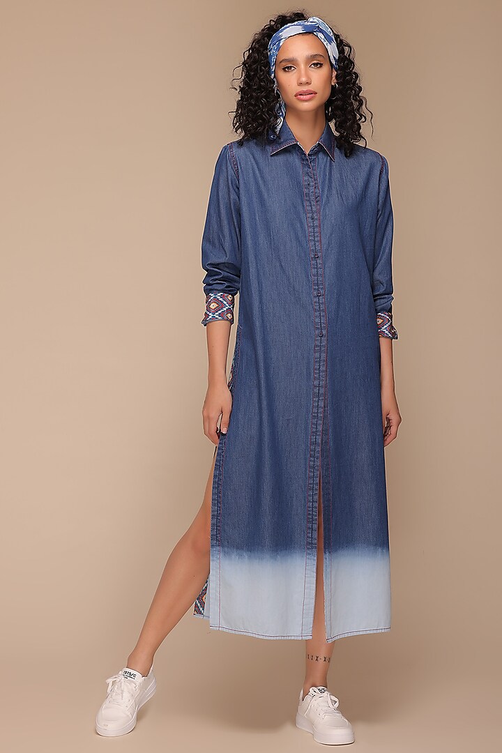Blue Denim Maxi Shirt Dress by Payal Jain