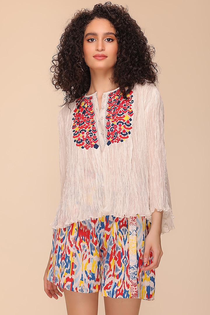 Off- White Chanderi Embroidered Top by Payal Jain