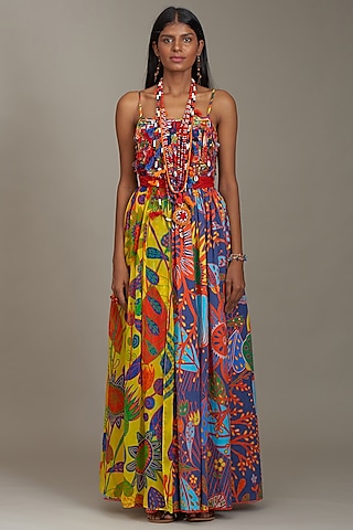 Multi-Colored Cotton & Organza Printed Corset Dress by Payal Jain